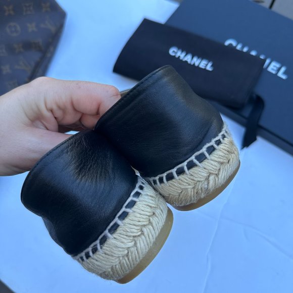 Chanel CC Espadrilles Flat Loafers Sz 40 Lambskin Leather Black - Picture 10 of 16